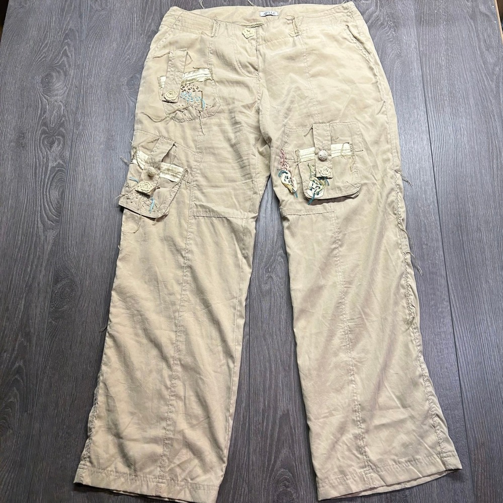 Y2K Khaki Cargo Pants Embroidered Crochet Embellished Low Rise Size 10